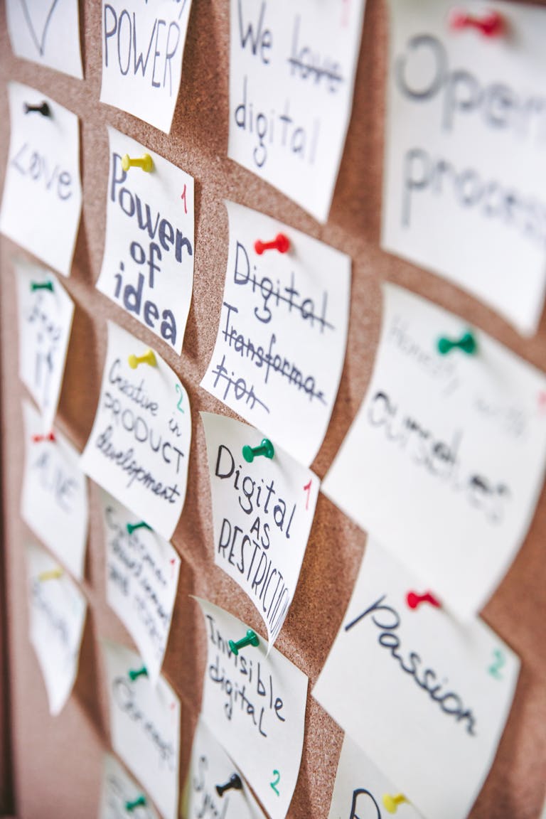 A cork board filled with sticky notes showcasing ideas and digital transformation concepts.